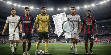 Dynamic collage representing high-stakes 2025 summer transfer rumors with blurred player silhouettes and a magnifying glass.