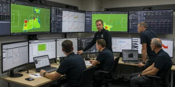 Soccer coach and analytics team reviewing advanced scouting reports for tactical preparation in 2025.