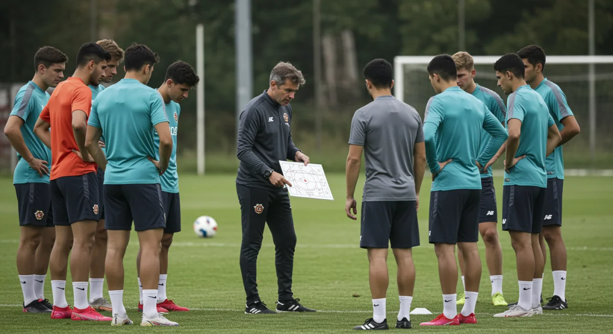 Soccer coach instructing team on set piece tactics during training