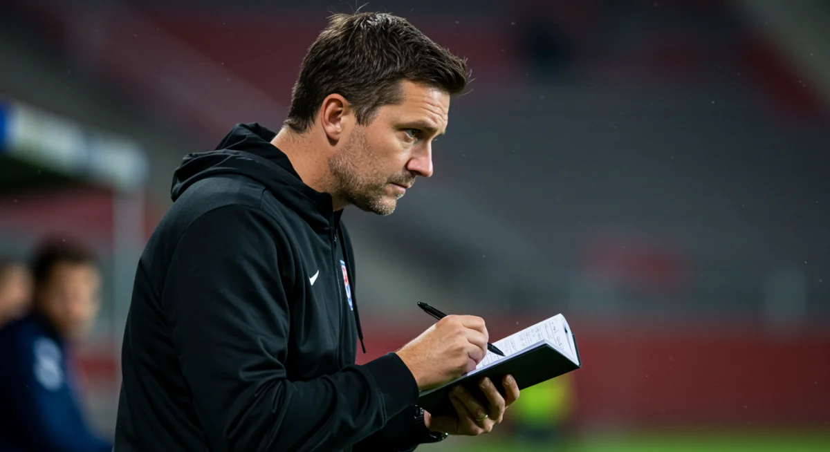 Football coach observing match with tactical notepad, analyzing player movements