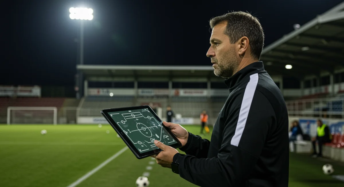 Soccer coach analyzing game tactics on a tablet during a match, focusing on defensive strategies.