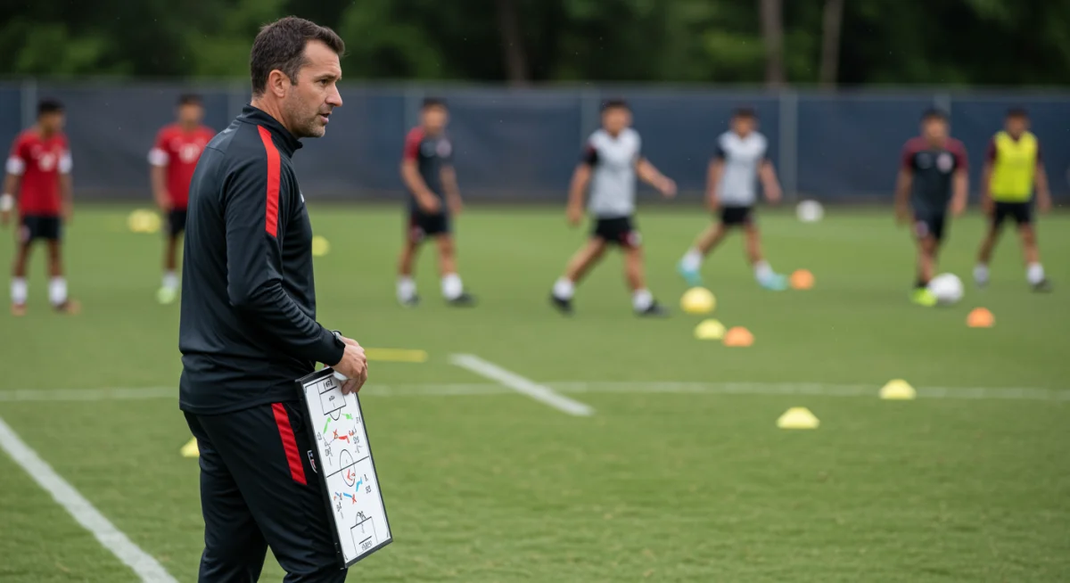 Soccer coach analyzing tactical board during a US club training session, focusing on player positioning and movement.