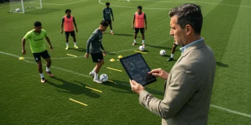 Soccer coach analyzing tactical periodization training on a field in 2025