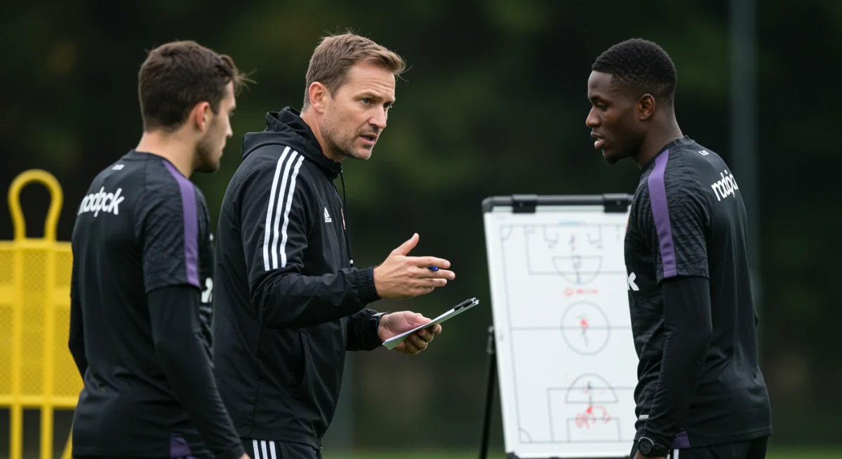 Football coach instructing a wing-back on tactical movements during training.