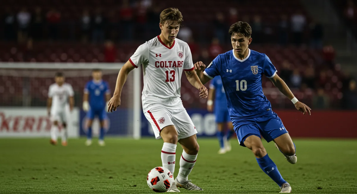 College soccer player demonstrating impressive dribbling skills during a game, a potential MLS SuperDraft target.