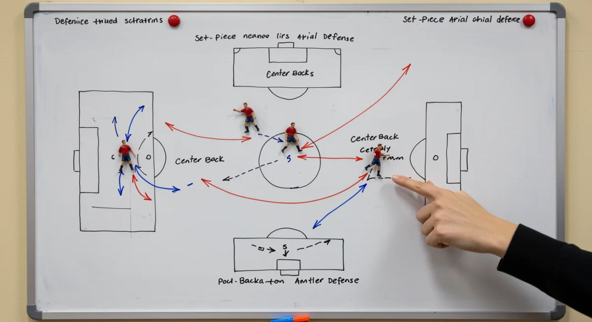 Tactical whiteboard illustrating defensive aerial strategies for center-backs