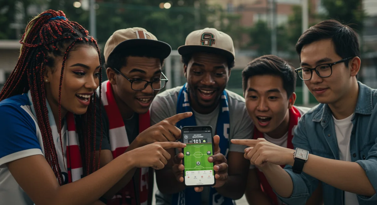 Young fans using mobile app for real-time MLS game stats and personalized content.
