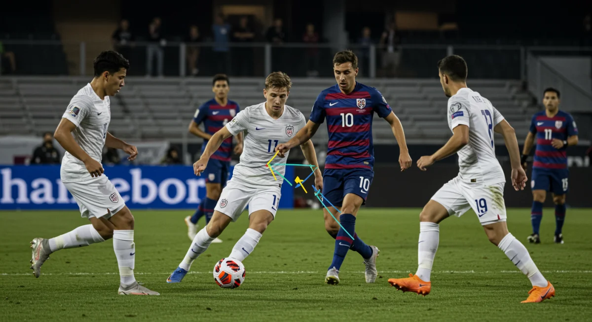 Dynamic passing sequence by US soccer players, illustrating intelligent off-ball movement and space creation in a match.