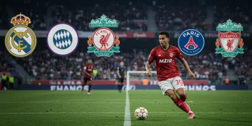 European club logos and MLS midfielder on a vibrant soccer field