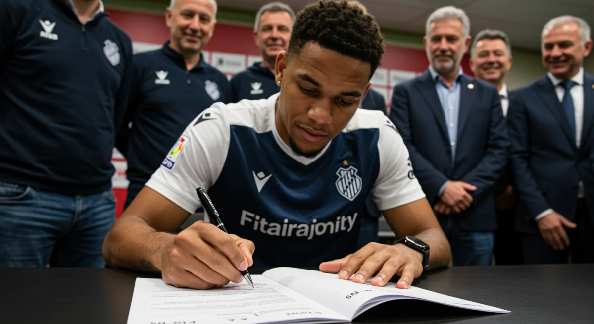 Footballer signing a new contract with club officials present.