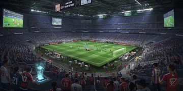 Futuristic MLS stadium interior with fans engaging with advanced technology