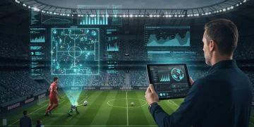 Futuristic soccer coach analyzing holographic data projections for tactical decisions