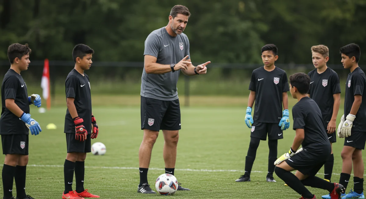 Soccer coach providing tactical instruction to young goalkeepers during a training session.