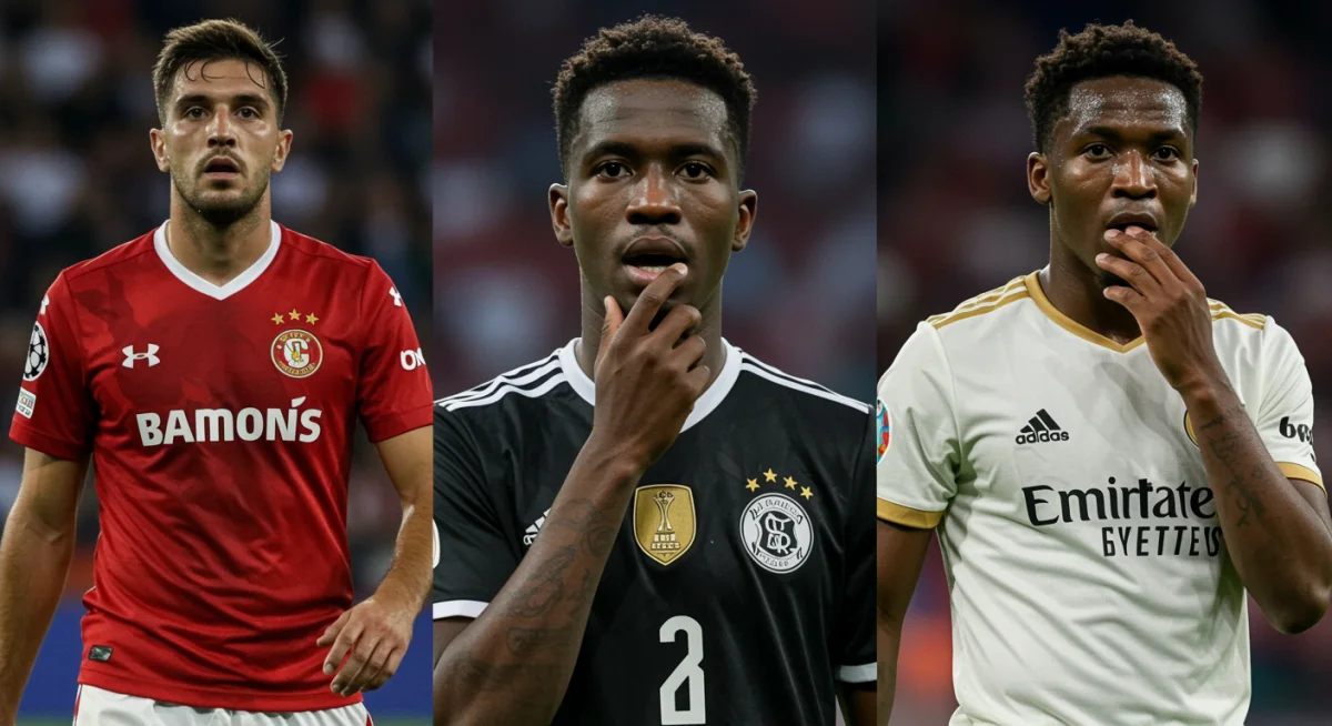 Three high-profile soccer players looking determined amidst stadium lights, reflecting their transfer dilemmas.