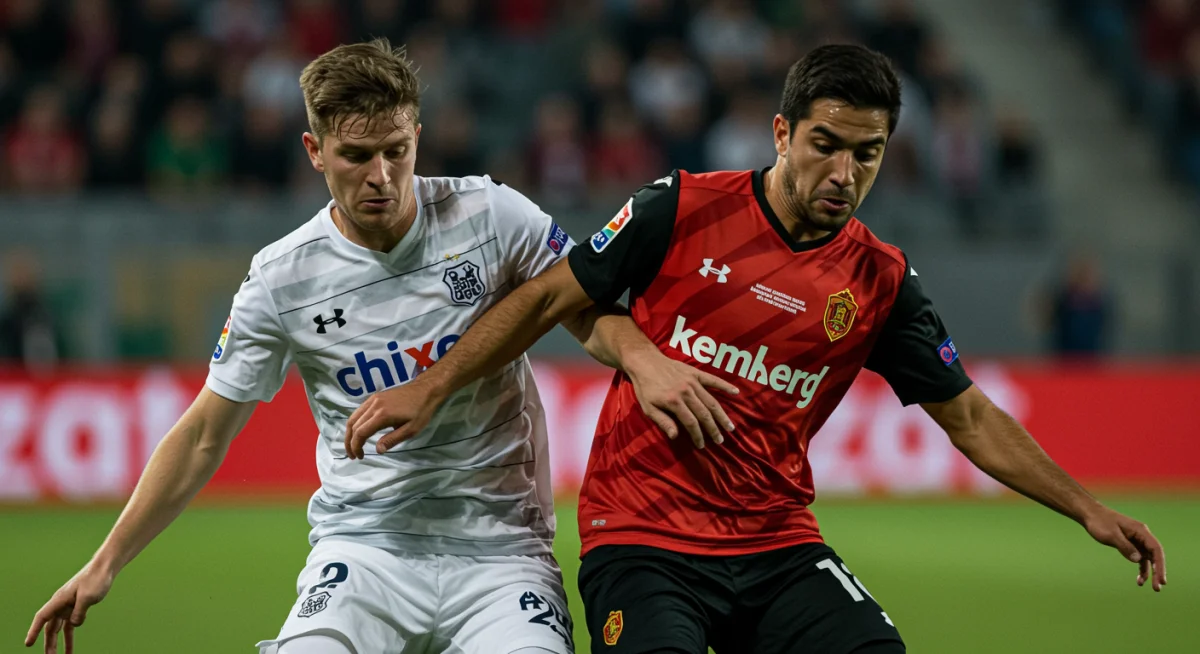 Soccer player closely man-marking an opposing forward