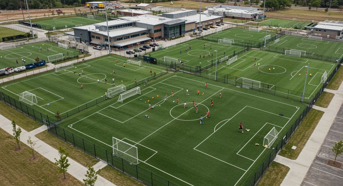 Overhead view of a modern MLS academy facility with multiple training fields.