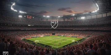 Modern soccer stadium with MLS logo, representing league expansion and future growth.