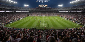 MLS stadium with diverse international players on field, symbolizing global scouting impact and future growth.