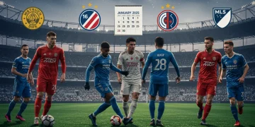 Dynamic graphic representing the MLS January 2025 transfer window with player silhouettes and team crests.