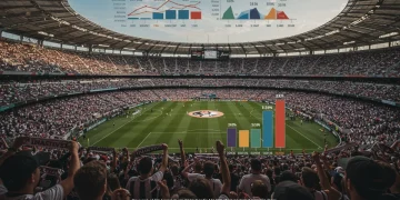 Financial charts superimposed over a bustling MLS stadium, symbolizing the economic shifts for clubs.