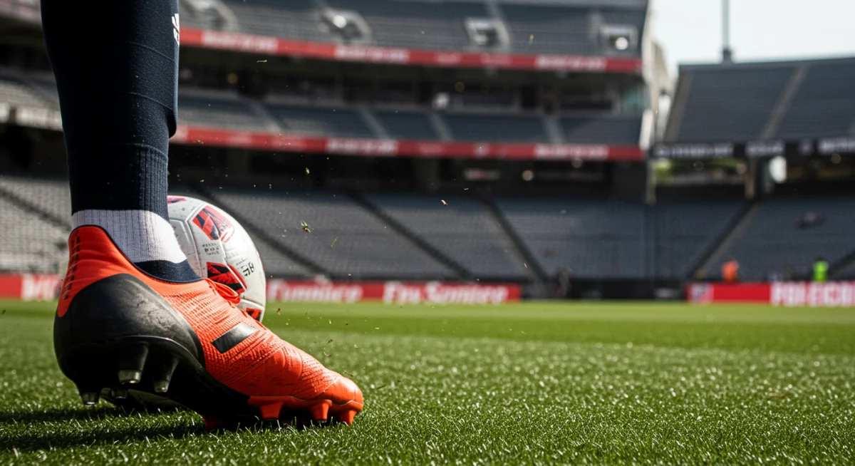 Soccer player kicking ball, MLS stadium action