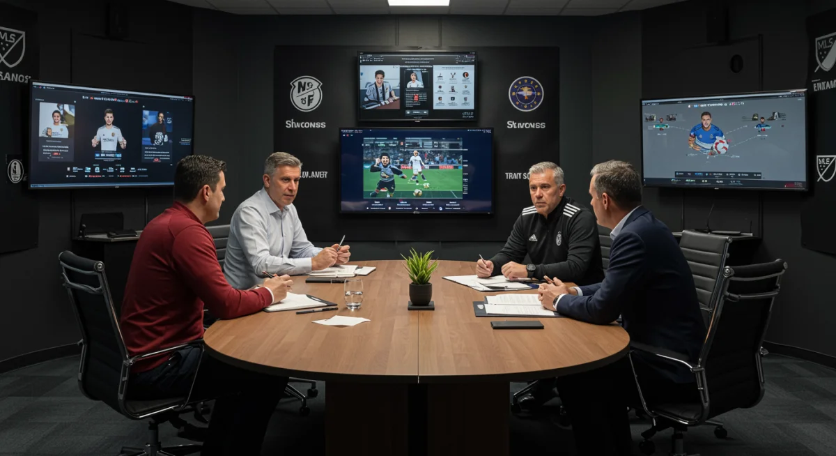 Club executives strategizing MLS player swaps and transfer decisions