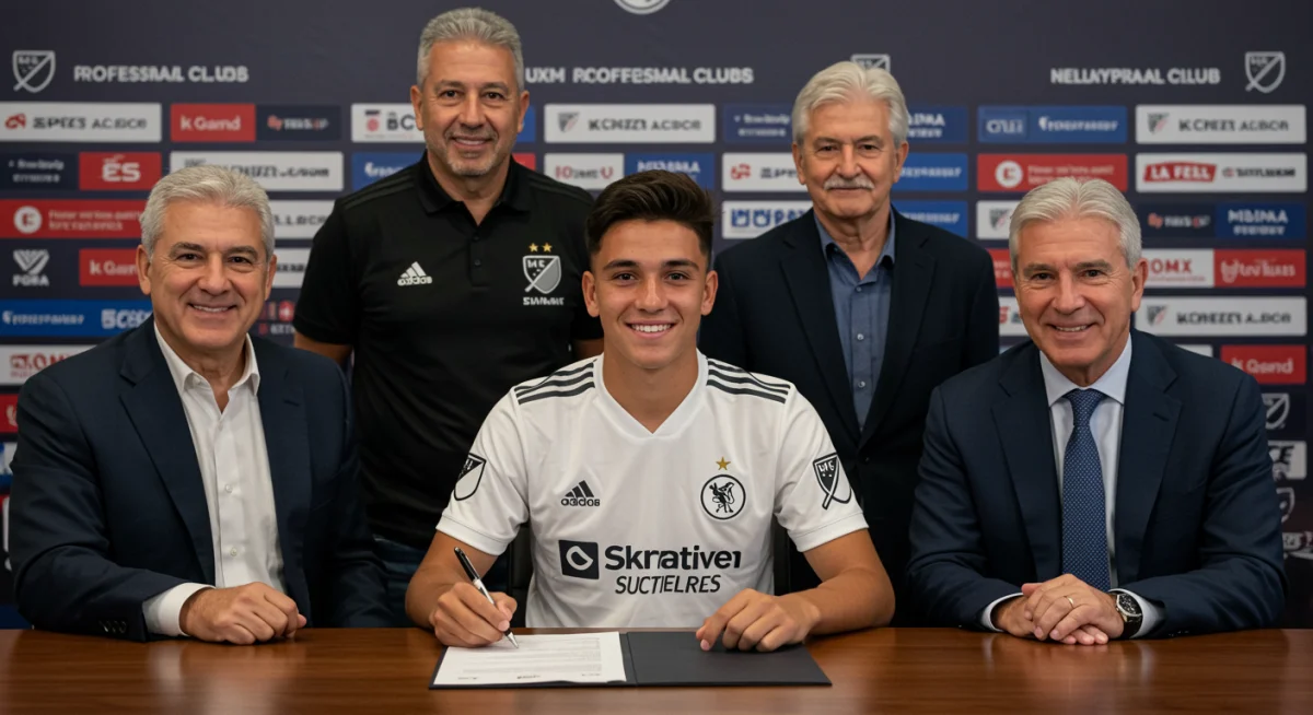 Young soccer prodigy signing a professional contract with an MLS club.