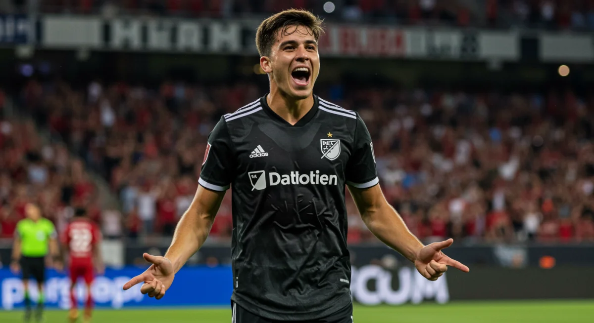 Young MLS talent celebrating a goal, envisioning future transfer opportunities.