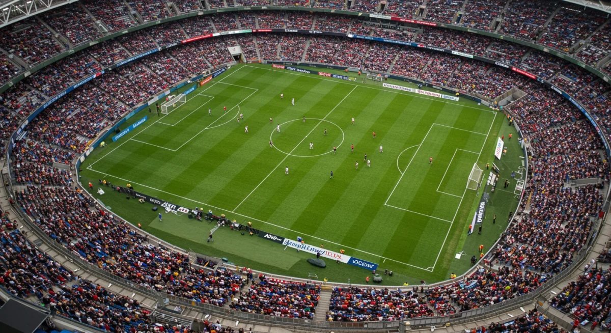 Aerial view of a packed MLS stadium during an exciting match.