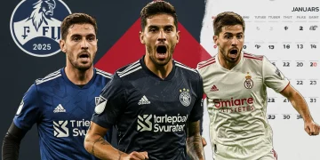 Dynamic illustration of three soccer players amidst MLS transfer speculation for January 2025.