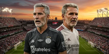 Two veteran soccer strikers contemplating a return to MLS, stadium background