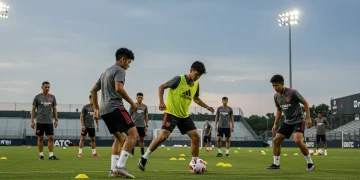 Young soccer players in MLS academy kits training intensely on a field, symbolizing future talent development.