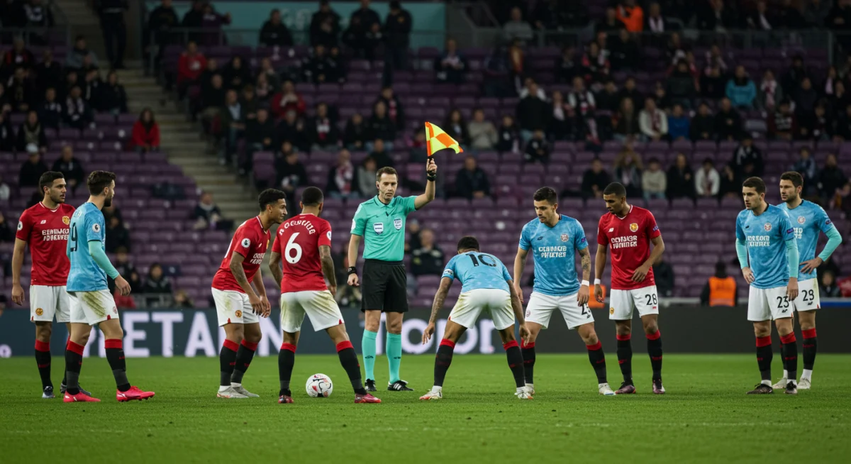 Football defenders executing a perfect offside trap during a match