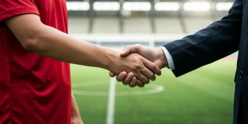 Soccer player and agent shaking hands over a contract, symbolizing complex transfer negotiations and legal agreements.