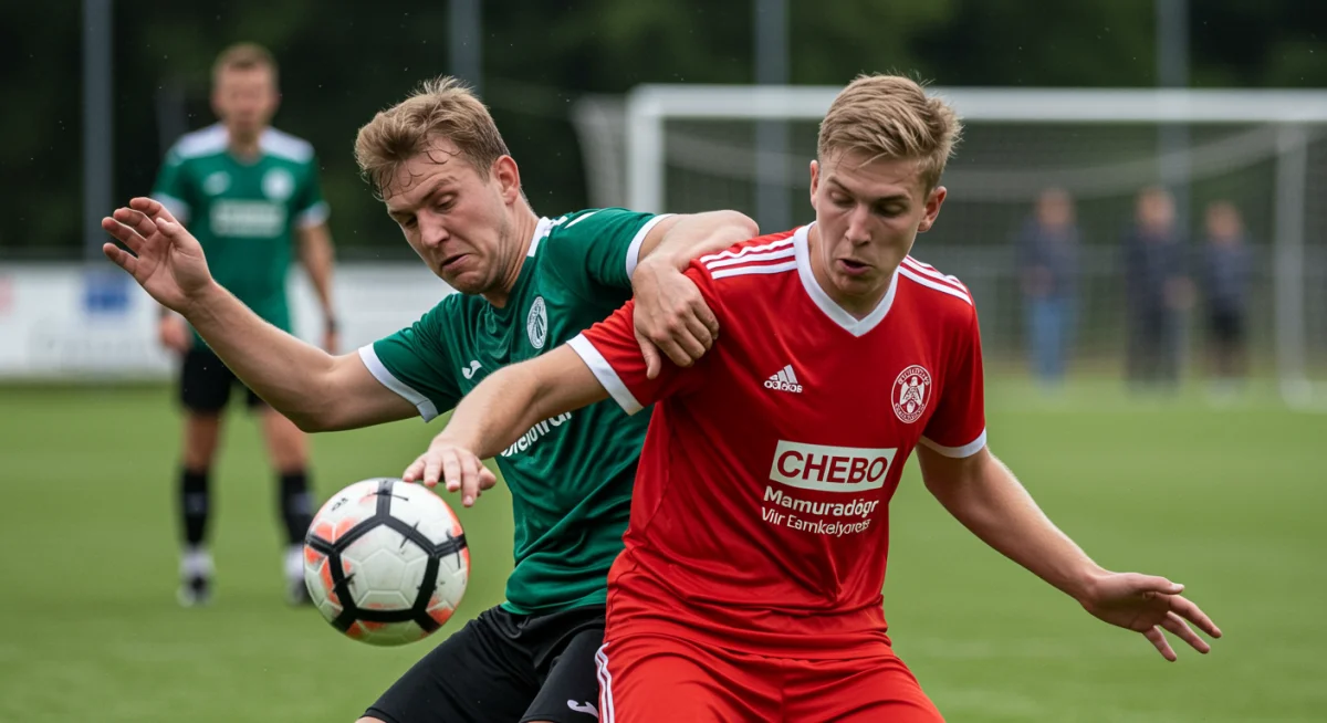 Soccer player aggressively challenging for the ball during a counter-press.