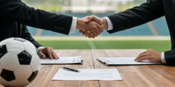 Two individuals shaking hands over a contract, symbolizing complex player contract negotiations.
