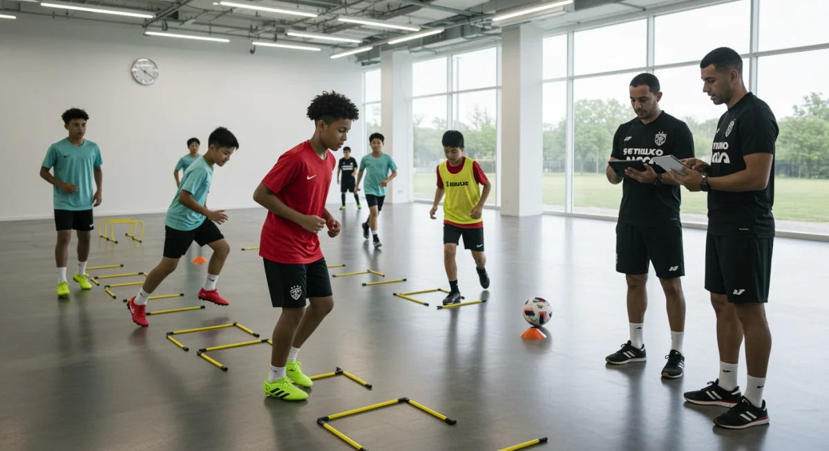 Young soccer players training intensely, coaches analyzing data on tablets for player development.