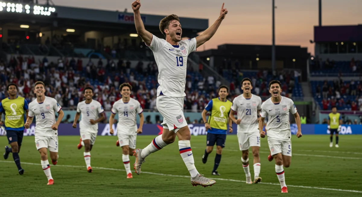 US soccer player celebrating goal, triumph during comeback