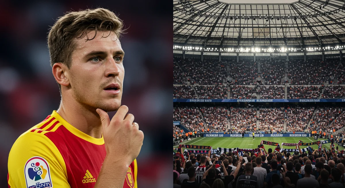 Pensive player contemplating transfer with stadium crowd in background