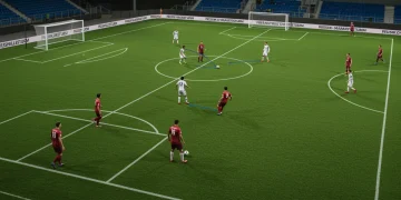 Strategic positional play on a soccer field in a professional US club match, showing fluid player movement and tactical formations.