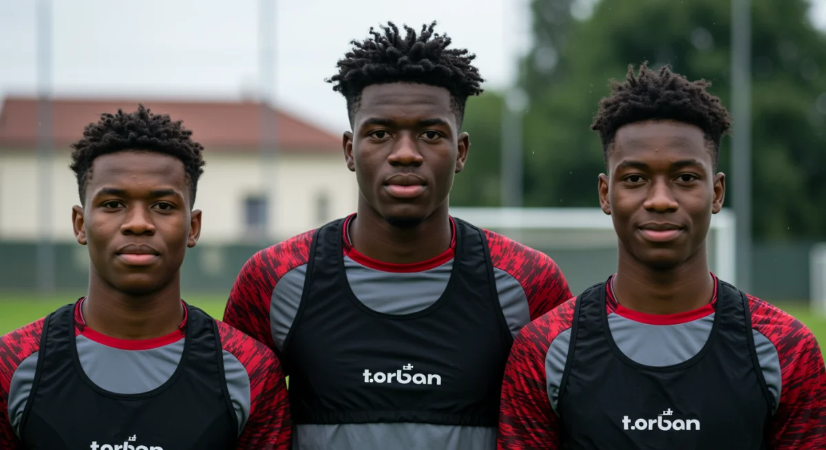 Three promising young soccer players on a training ground, ready for loan moves
