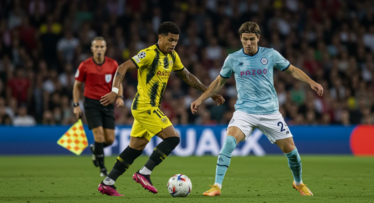 Soccer players performing quick combination play against tight defense