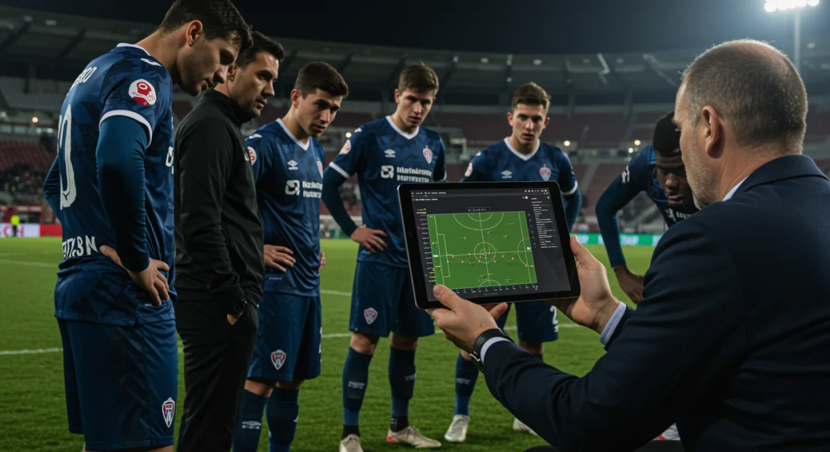 Soccer coach showing real-time tactical adjustments on a tablet to players during a game