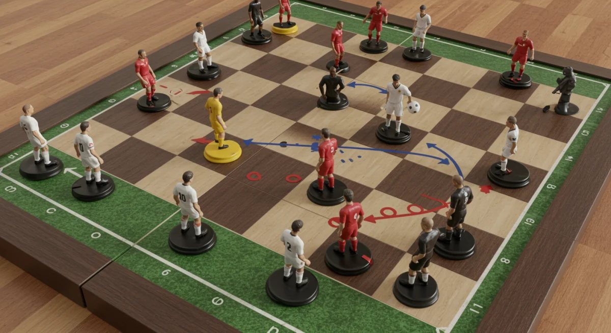 Soccer player figurines on a chessboard representing roster strategy and player movement.