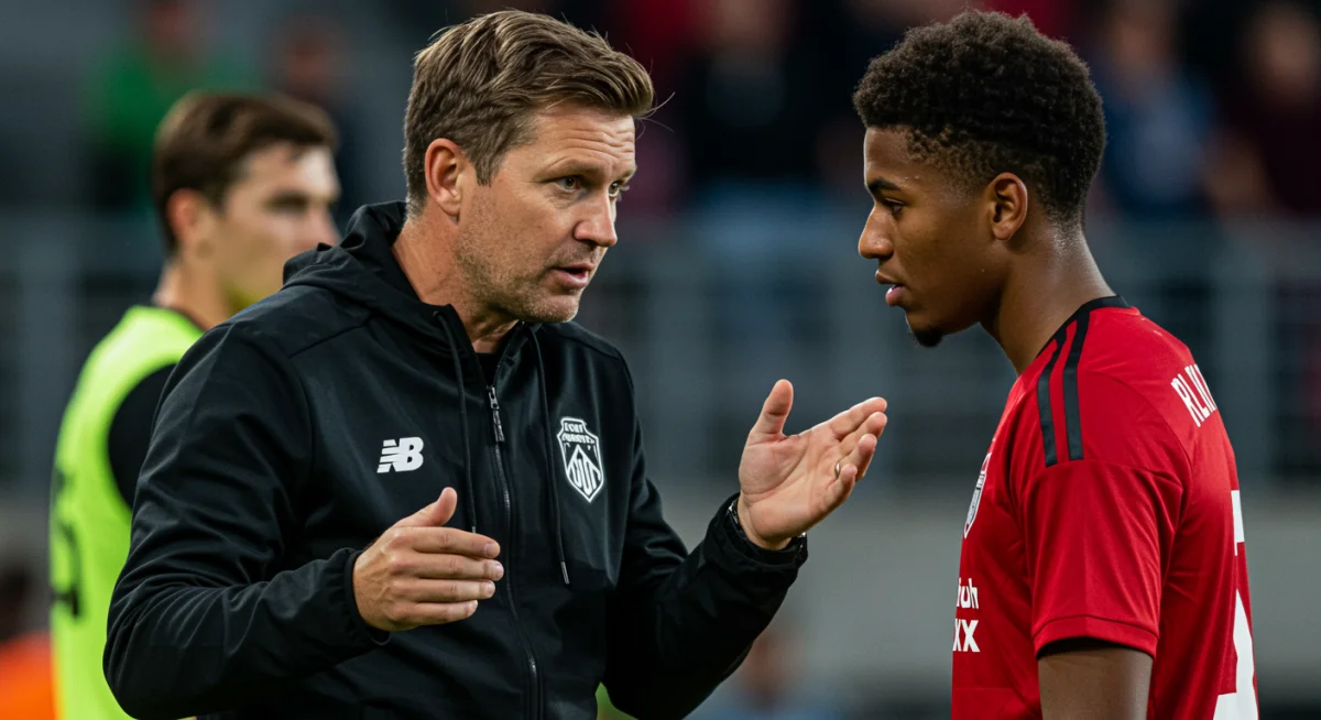 Soccer coach providing tactical instructions to a young player, highlighting development for future drafts.