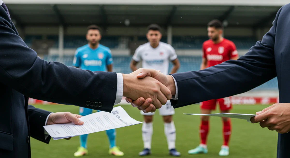 Soccer executives finalizing a major player transfer deal.