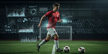 Soccer player surrounded by holographic data visualizations representing advanced analytics for performance improvement.