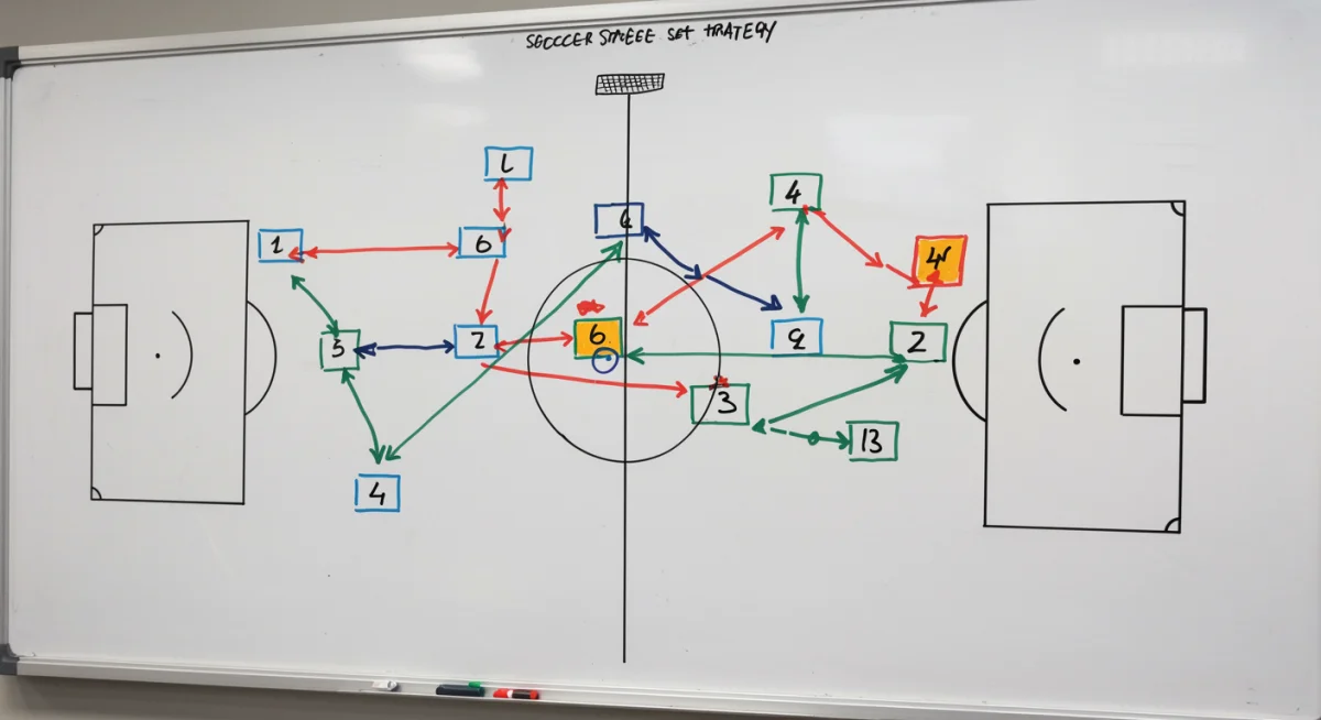 Whiteboard showing soccer set piece strategy and player movements