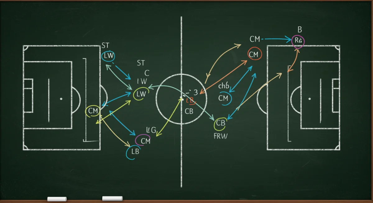 Tactical soccer chalkboard illustrating player movement and strategy