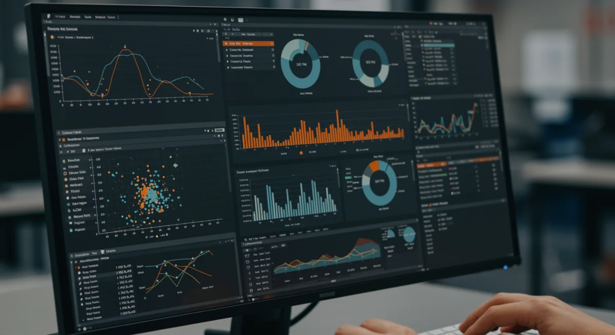 Sports analyst working with detailed data visualization dashboards on a computer screen